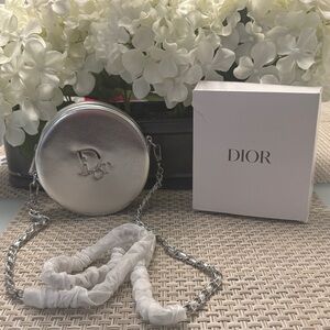 Dior GWP Metallic Silver Mini Round Bag with Silver Crossbody Chain NWT
